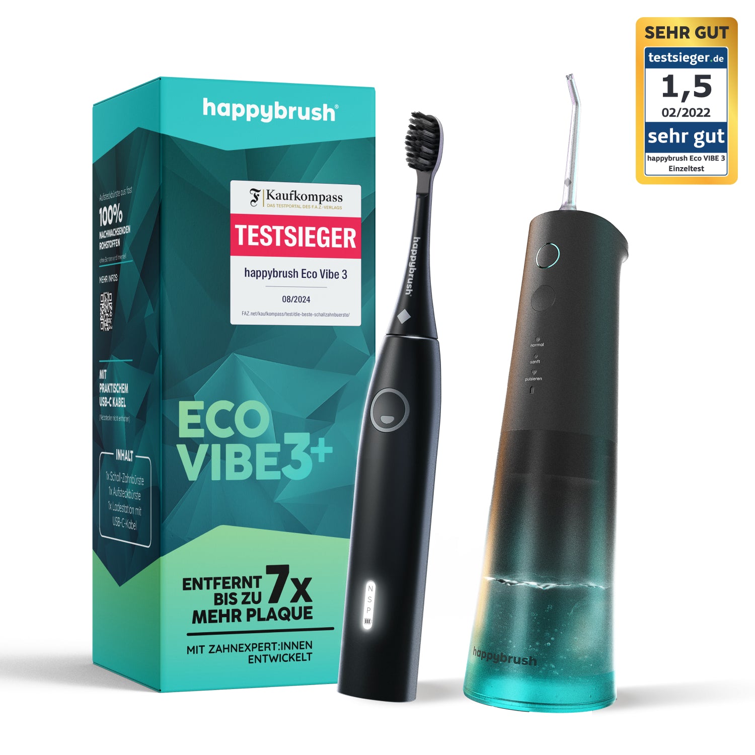 happybrush-eco-flow-eco-vibe-3-set-schallzahnb-rste-munddusche-bundle image 1