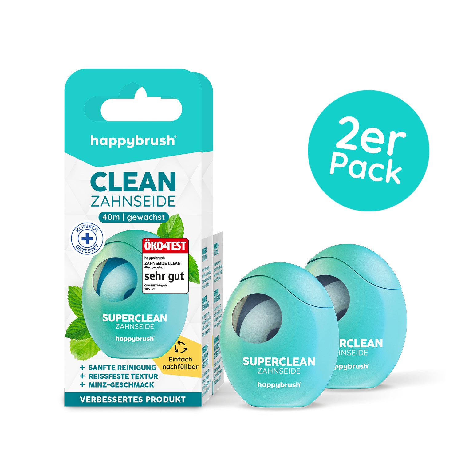 happybrush-superclean-zahnseide-gewachst-minz-formel-mit-xylitol-vegan-rei-fest image 1